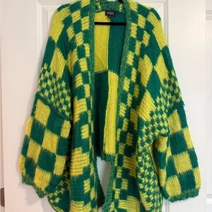 Green and yellow checkered cardigan